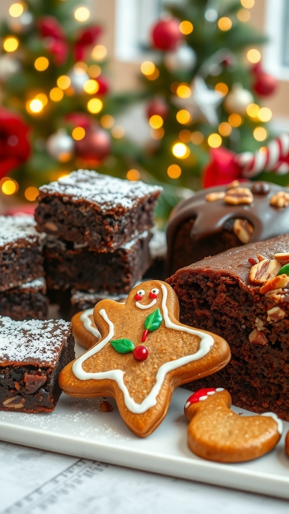 Delicious Christmas Dessert Recipes A variety of Christmas desserts including brownies, gingerbread cookies, and fruitcake on a festive table.